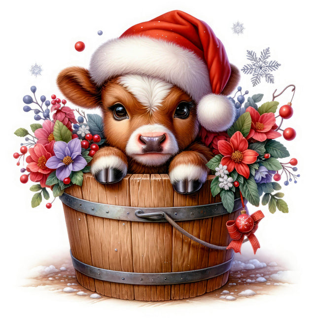A digitally printed fabric panel featuring a cute cow wearing a Santa hat, sitting in a bucket surrounded by floral decorations and snowflakes, indicating a Christmas theme.
