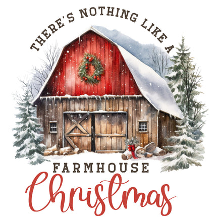 Red barn with snow on the roof, surrounded by trees, with text 'There's nothing like a Farmhouse Christmas' fabric panel