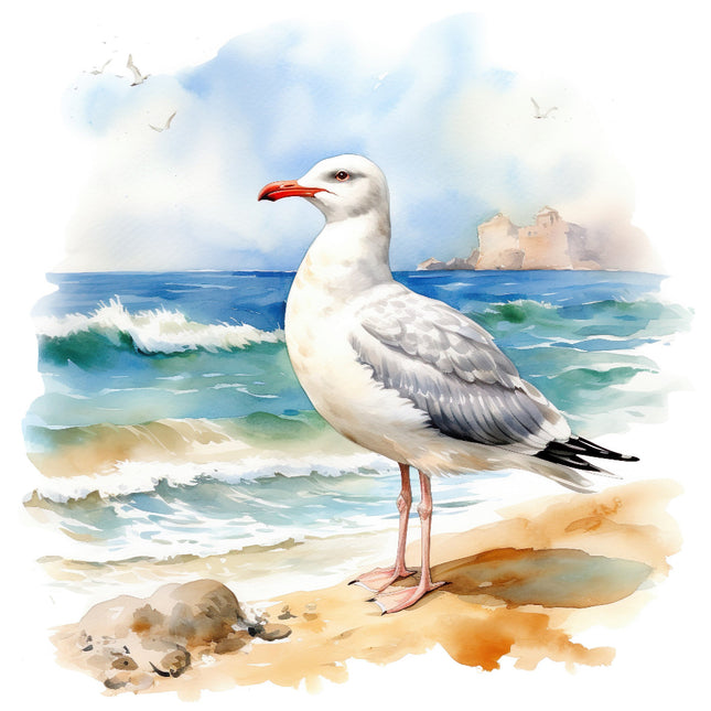 A digitally printed 100% cotton fabric panel featuring a seagull standing on a beach 