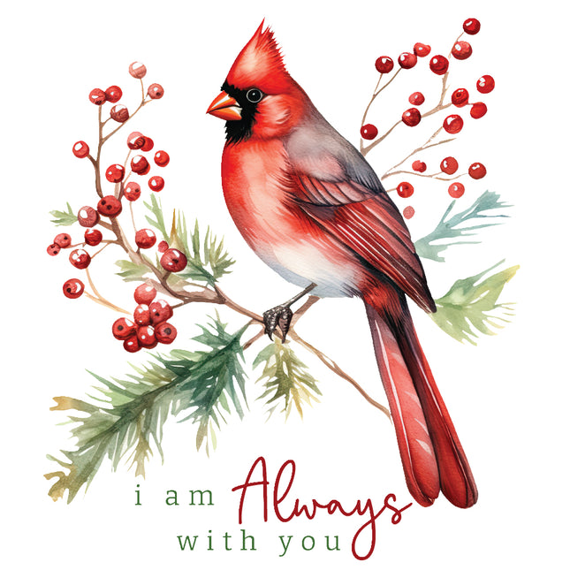 memoriam red cardinal bird on a branch with red berries and green leaves fabric panel