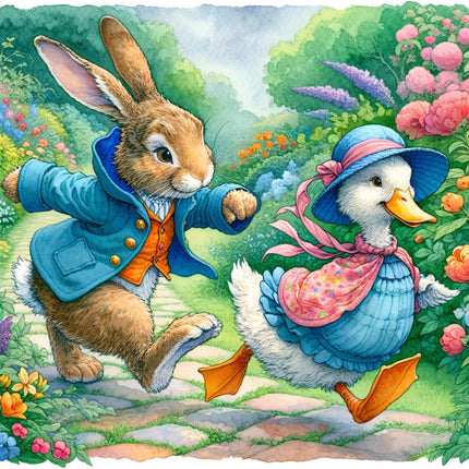 Rabbits Bunnies in Garden 100% Cotton Fabric Panel Block ET543