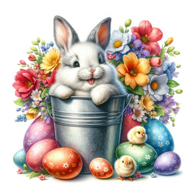 bunny in a bucket, flowers, and colorful eggs fabric panel