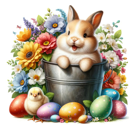 A fabric panel block featuring a cartoon image of a rabbit sitting in a bucket surrounded by colorful eggs and flowers.