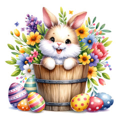 A digitally printed 100% cotton fabric panel featuring a cheerful white and brown bunny sitting in a wooden barrel surrounded by colorful flowers and Easter eggs.