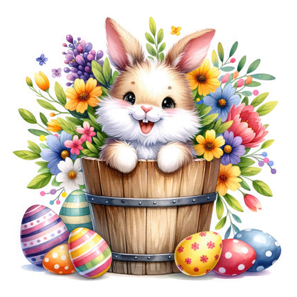 A digitally printed 100% cotton fabric panel featuring a cheerful white and brown bunny sitting in a wooden barrel surrounded by colorful flowers and Easter eggs.