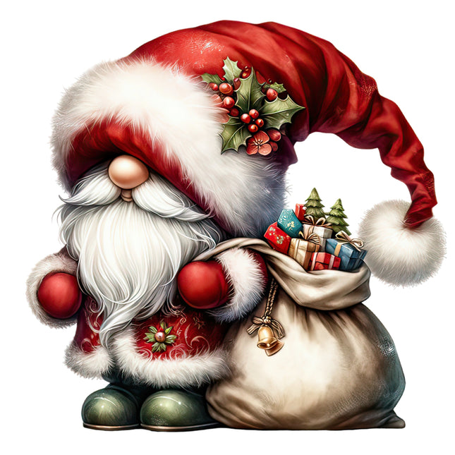 festive gnome with a red hat, white beard, and a sack full of Christmas presents fabric panel