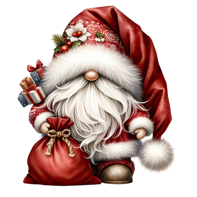 Illustration of a festive gnome with a red hat and white beard, holding gifts.