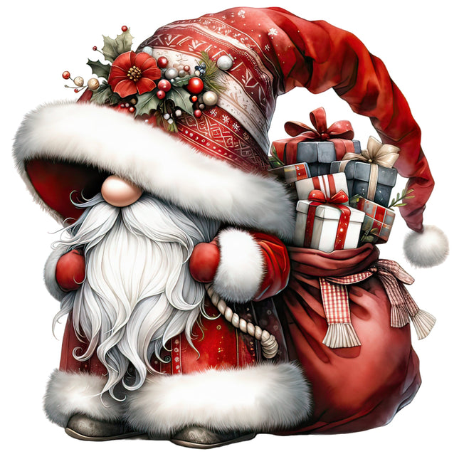 festive gnome with a red hat and white beard, holding gifts fabric panel