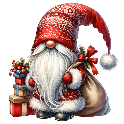 A digitally printed 100% cotton fabric panel featuring a Santa Gnome with a red hat, white beard, and a brown sack, standing next to a stack of gifts.