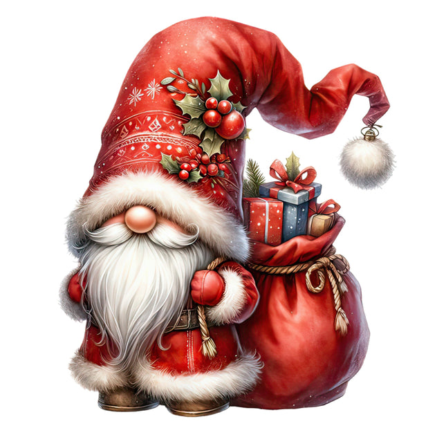 Illustration of a festive gnome with a red hat and white beard quilt block