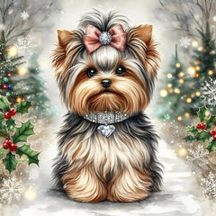 A digitally printed 100% cotton fabric panel featuring a cute Yorkshire Terrier dog with a bow and a collar, surrounded by winter foliage and snow.