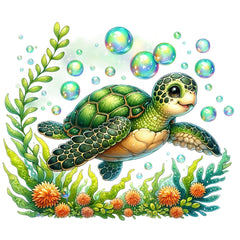 A digitally printed 100% cotton fabric panel featuring a colorful turtle with bubbles and aquatic plants.