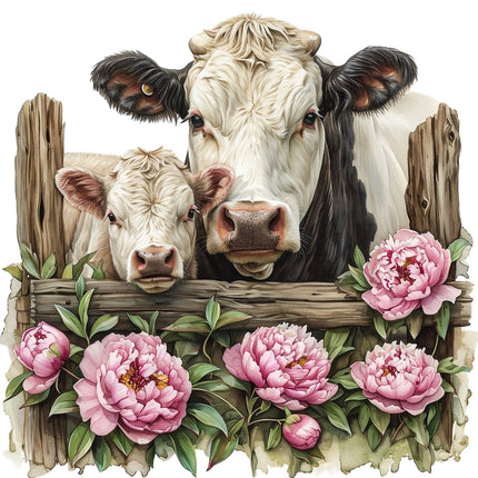 A fabric panel featuring an image of two cows behind a fence with pink flowers in front.
