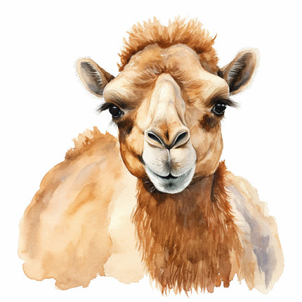A digitally printed 100% cotton fabric panel featuring a block image of a camel's face.