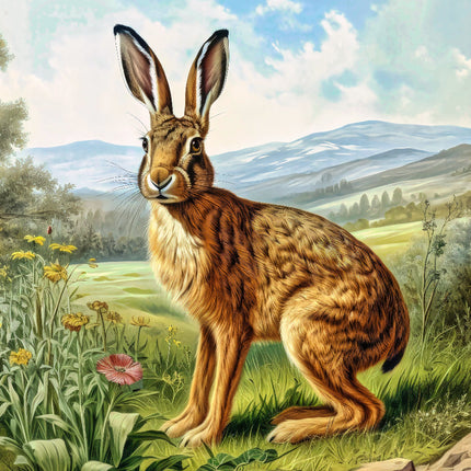 A digitally printed 100% cotton fabric panel featuring a block image of a brown hare in a field with flowers and mountains in the background.