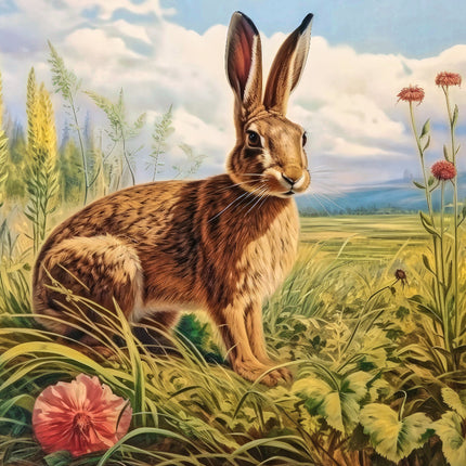 A fabric panel featuring a digitally printed brown hare sitting in a field with green grass and pink flowers.