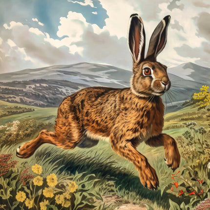 A digitally printed 100% cotton fabric panel featuring a running hare rabbit in a floral field with mountains in the background.
