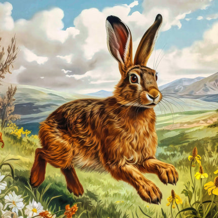 A digitally printed 100% cotton fabric panel featuring a brown hare rabbit in a field with flowers and mountains in the background.