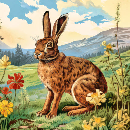 A digitally printed 100% cotton fabric panel featuring a brown hare among yellow and red flowers with a mountainous background.
