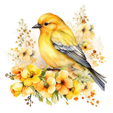 A fabric panel featuring a digitally printed canary bird perched on a branch with yellow and white flowers.