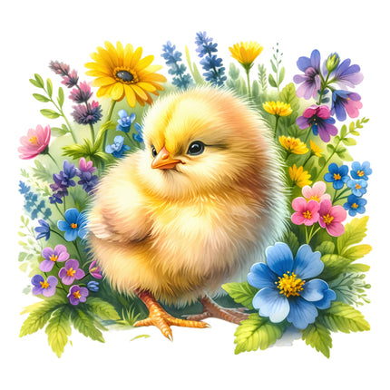 A digitally printed 100% cotton fabric panel featuring a cute chick surrounded by colorful flowers.