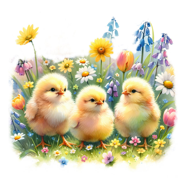 A fabric panel featuring three yellow chicks 