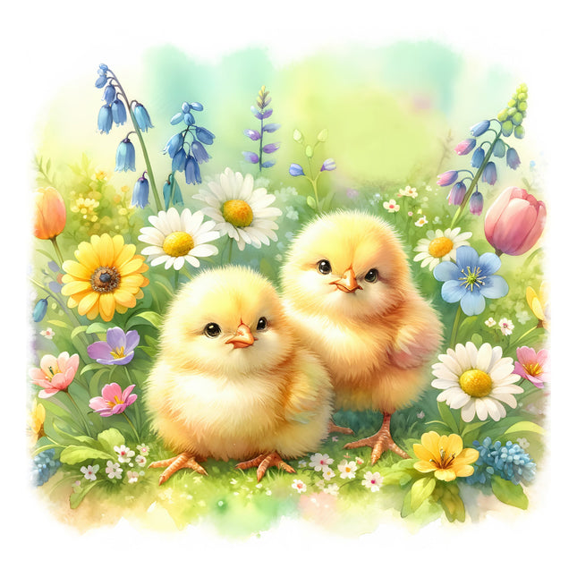 A digitally printed 100% cotton fabric panel featuring two chicks among various colorful flowers.
