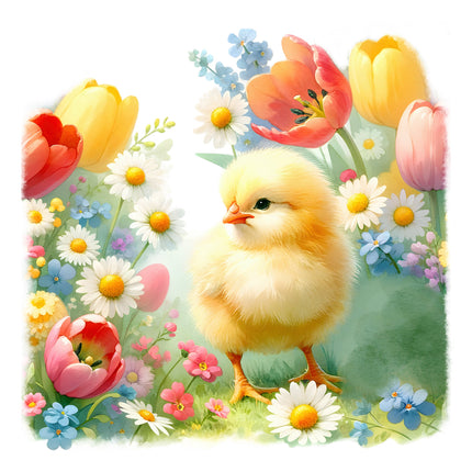 A fabric panel featuring a cute chick surrounded by colorful flowers such as tulips and daisies.