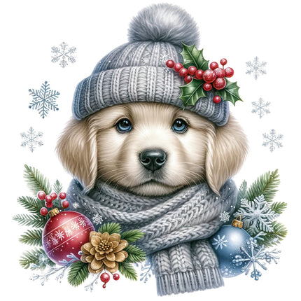 A fabric panel block depicting a puppy wearing a knitted hat and scarf 