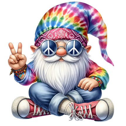 A colorful fabric panel featuring a hippie-style gnome with a tie-dye hat and peace sign sunglasses 