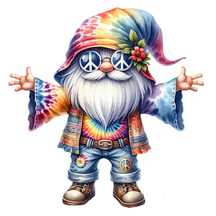 A colorful fabric panel featuring a hippie-style gnome with tie-dye patterns and peace signs
