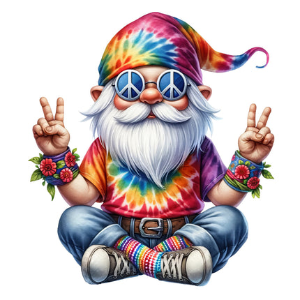 A colorful fabric panel featuring a hippie-style gnome with a tie-dye pattern, sitting and giving a peace sign.