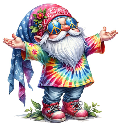 A colorful illustration of a hippie-style gnome with a tie-dye shirt, sunglasses, and a bandana fabric panel