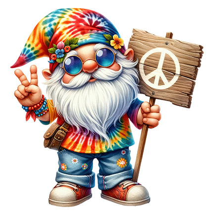 A colorful fabric panel featuring a hippie-style gnome with a peace sign.