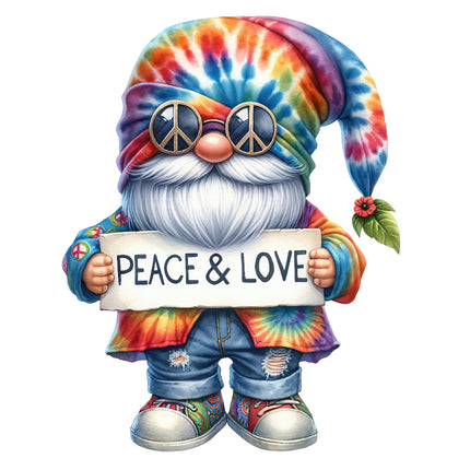 A colorful fabric panel featuring a hippie-style gnome 