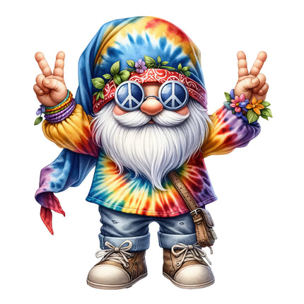 A colorful fabric panel featuring a hippie-style gnome quilt block