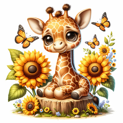 A fabric panel featuring a cute giraffe sitting on a stump surrounded by sunflowers and butterflies.