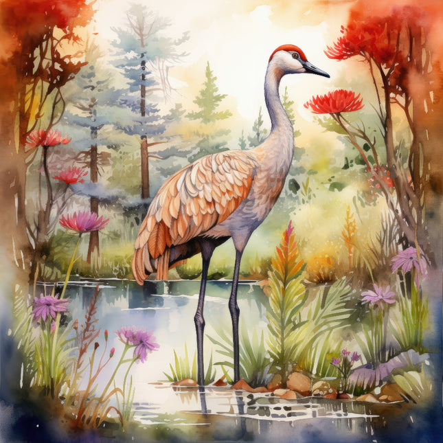 A digitally printed 100% cotton fabric panel featuring a crane standing in a wetland with flowers and trees in the background.