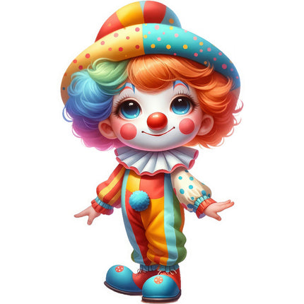 A colorful fabric panel featuring a digitally printed clown with multicolored hair, a polka dot hat, and a striped outfit.
