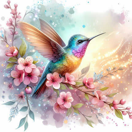 A colorful digital print of a hummingbird with its wings spread, perched on a branch with pink flowers, against a multicolored background with sparkles.