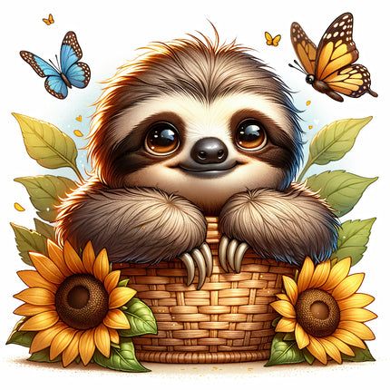 A digitally printed fabric panel featuring a cute sloth sitting in a basket with sunflowers and butterflies around it.