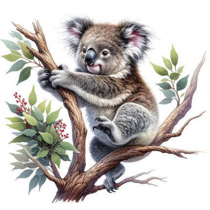 A digitally printed 100% cotton fabric panel featuring a cute koala bear sitting on a branch with leaves and berries.