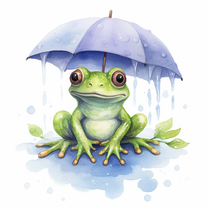 A digitally printed 100% cotton fabric panel featuring a green frog sitting and holding a blue umbrella with water droplets around.