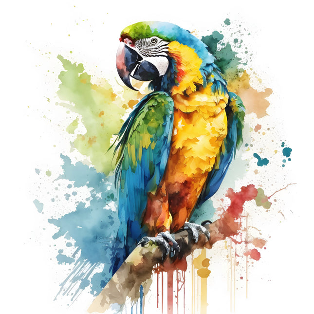 A digitally printed 100% cotton fabric panel featuring a colorful parrot bird on a branch with a watercolor splash background.