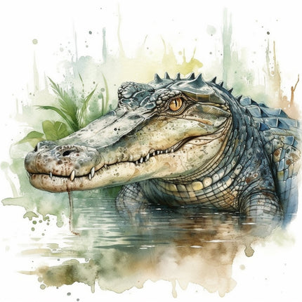 A digitally printed 100% cotton fabric panel featuring a realistic alligator emerging from water, with a blend of green, brown, and white colors.