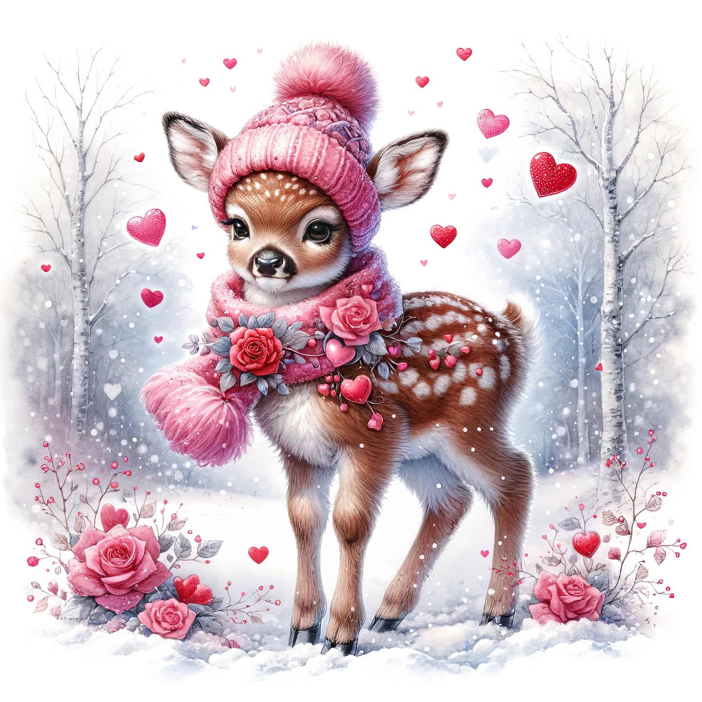 Valentine Winter Deer 100% Cotton Fabric Panel Block | Quilting Sewing Square ET850