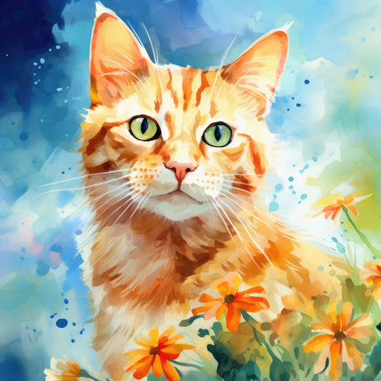 A digitally printed 100% cotton fabric panel featuring a block image of an orange cat with green eyes, surrounded by flowers.