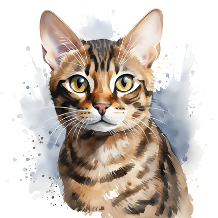A digitally printed 100% cotton fabric panel featuring a block image of a bengal cat with a watercolor effect background.