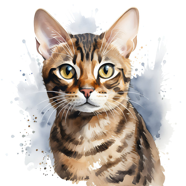 A digitally printed 100% cotton fabric panel featuring a block image of a bengal cat with a watercolor effect background.