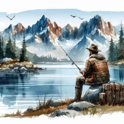Fishing scene with a person sitting by a lake surrounded by mountains and trees quilt panel